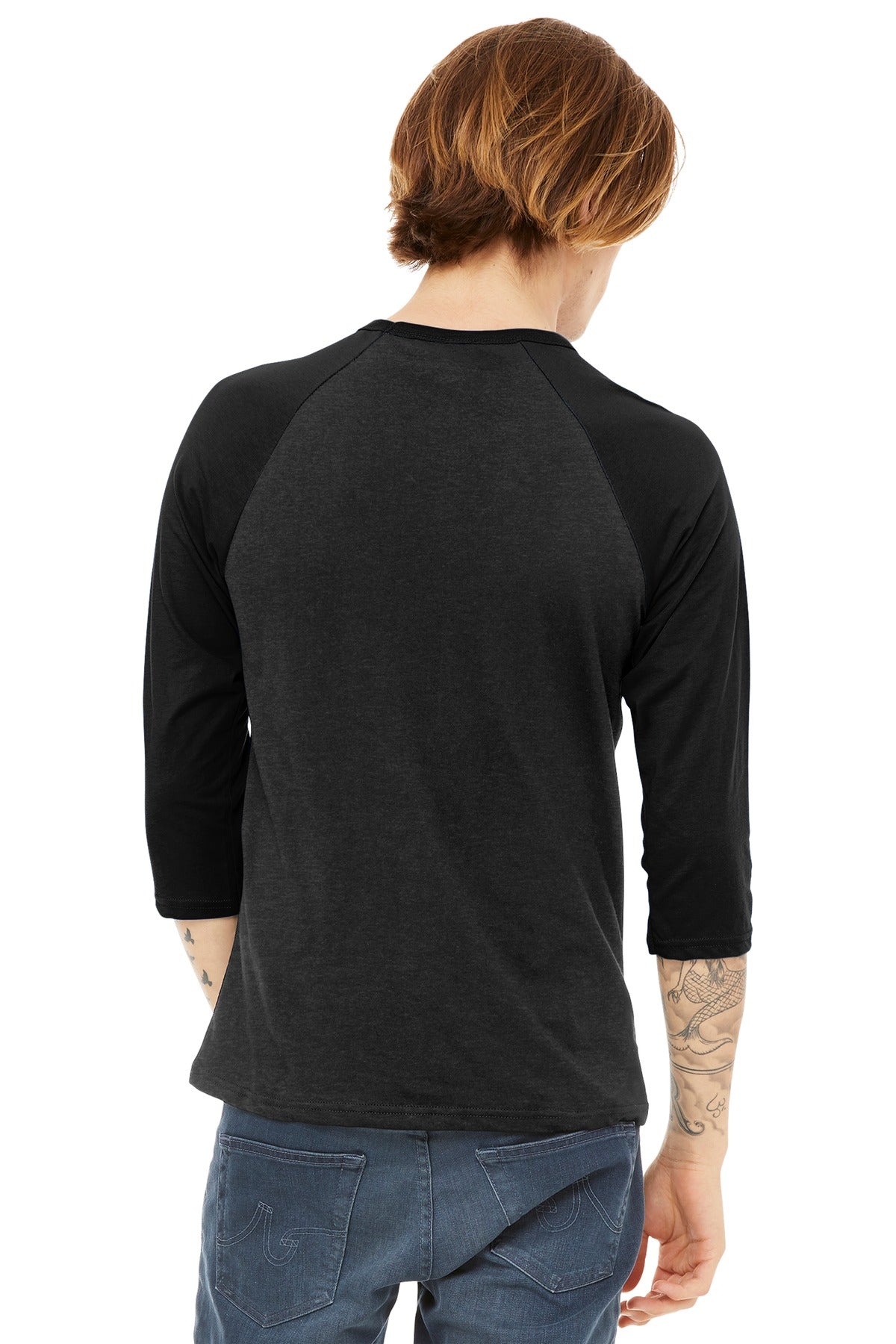 Black Ht/Black BELLA+CANVAS Unisex 3/4-Sleeve Baseball Tee. BC3200