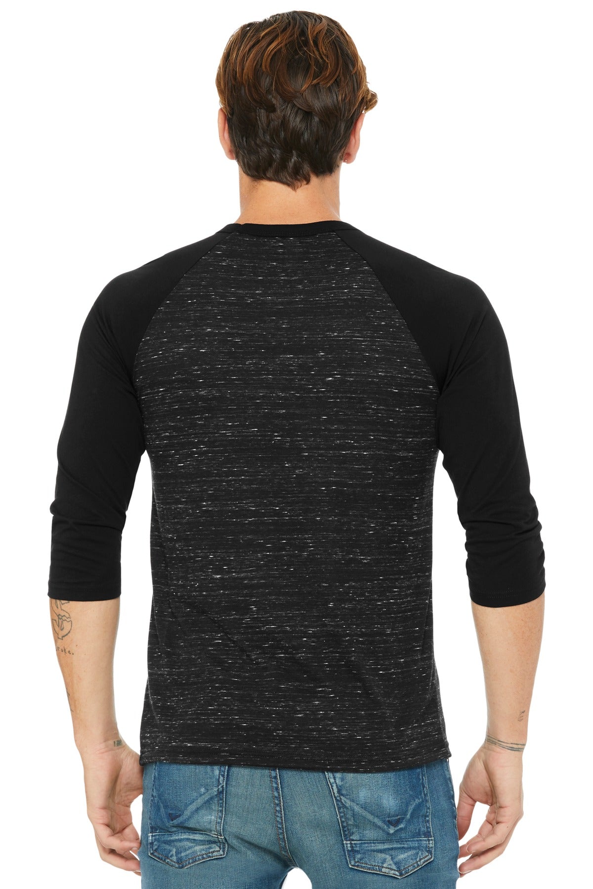 Blck Marb/Blk BELLA+CANVAS Unisex 3/4-Sleeve Baseball Tee. BC3200