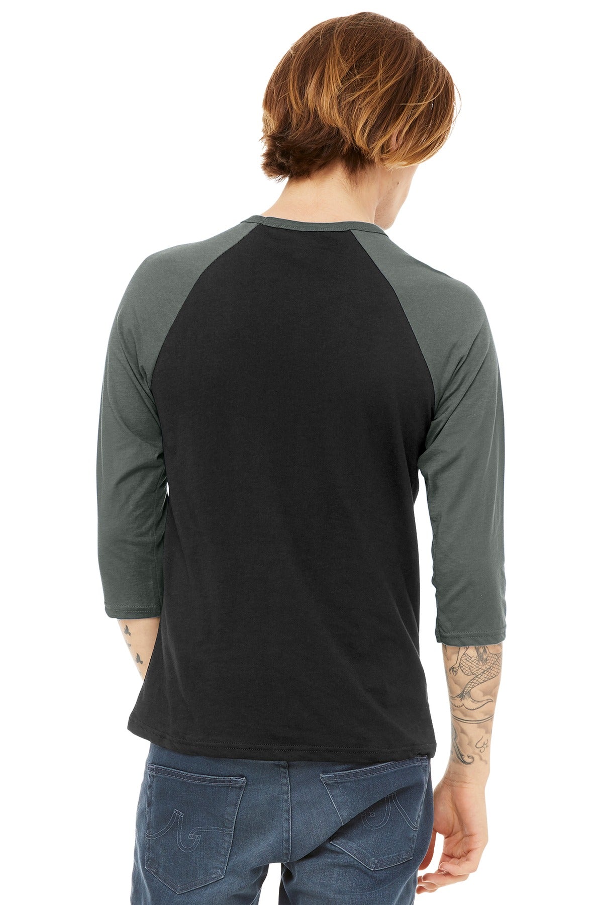 Blck/Deep Ht BELLA+CANVAS Unisex 3/4-Sleeve Baseball Tee. BC3200