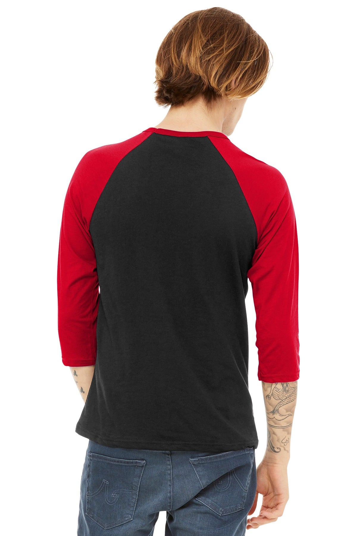 Blck/Red BELLA+CANVAS Unisex 3/4-Sleeve Baseball Tee. BC3200