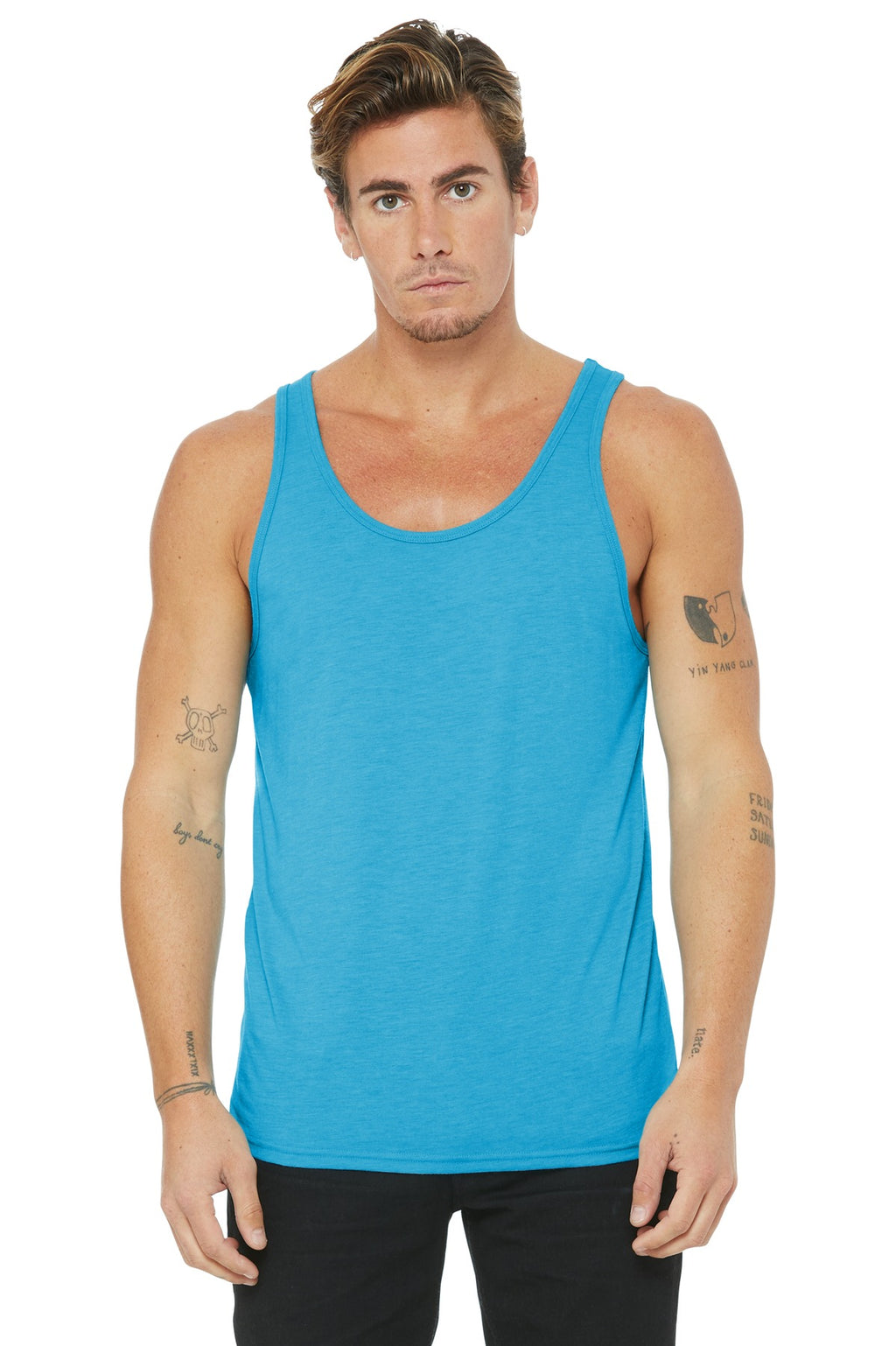 Front View of Aqua TB BELLA+CANVAS Unisex Jersey Tank. BC3480