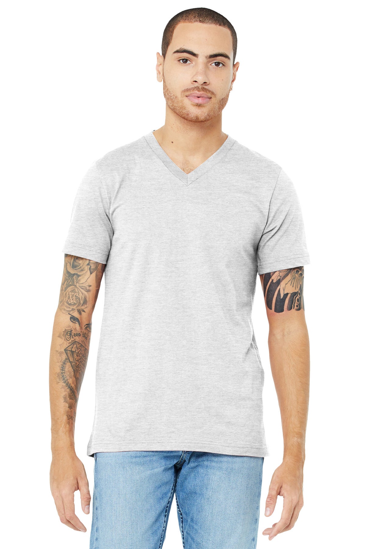 Front View of Ash BELLA+CANVAS Unisex Jersey Short Sleeve V-Neck Tee. BC3005