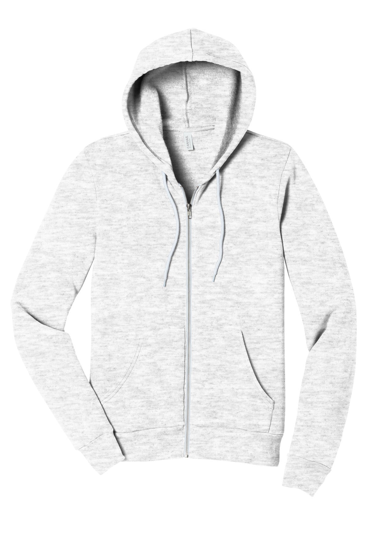 Front View of Ash BELLA+CANVAS Unisex Sponge Fleece Full-Zip Hoodie. BC3739