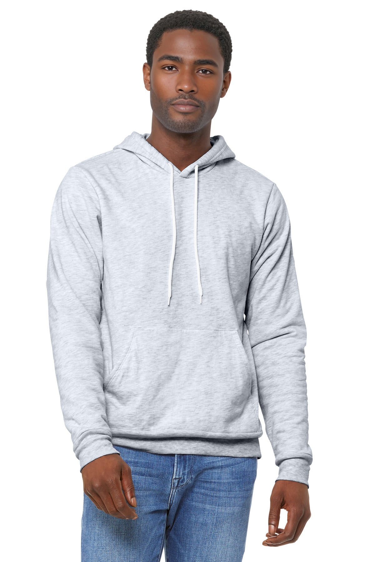 Front View of Ash BELLA+CANVAS Unisex Sponge Fleece Pullover Hoodie. BC3719