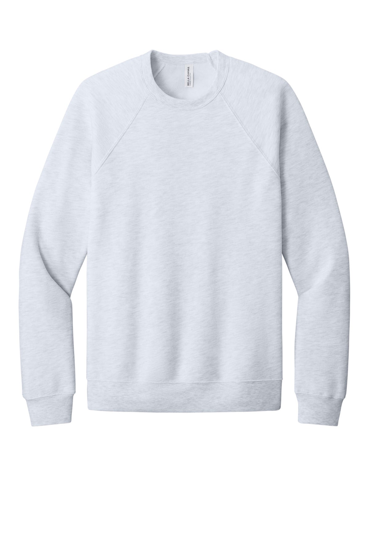 Front View of Ash BELLA+CANVAS Unisex Sponge Fleece Raglan Sweatshirt. BC3901