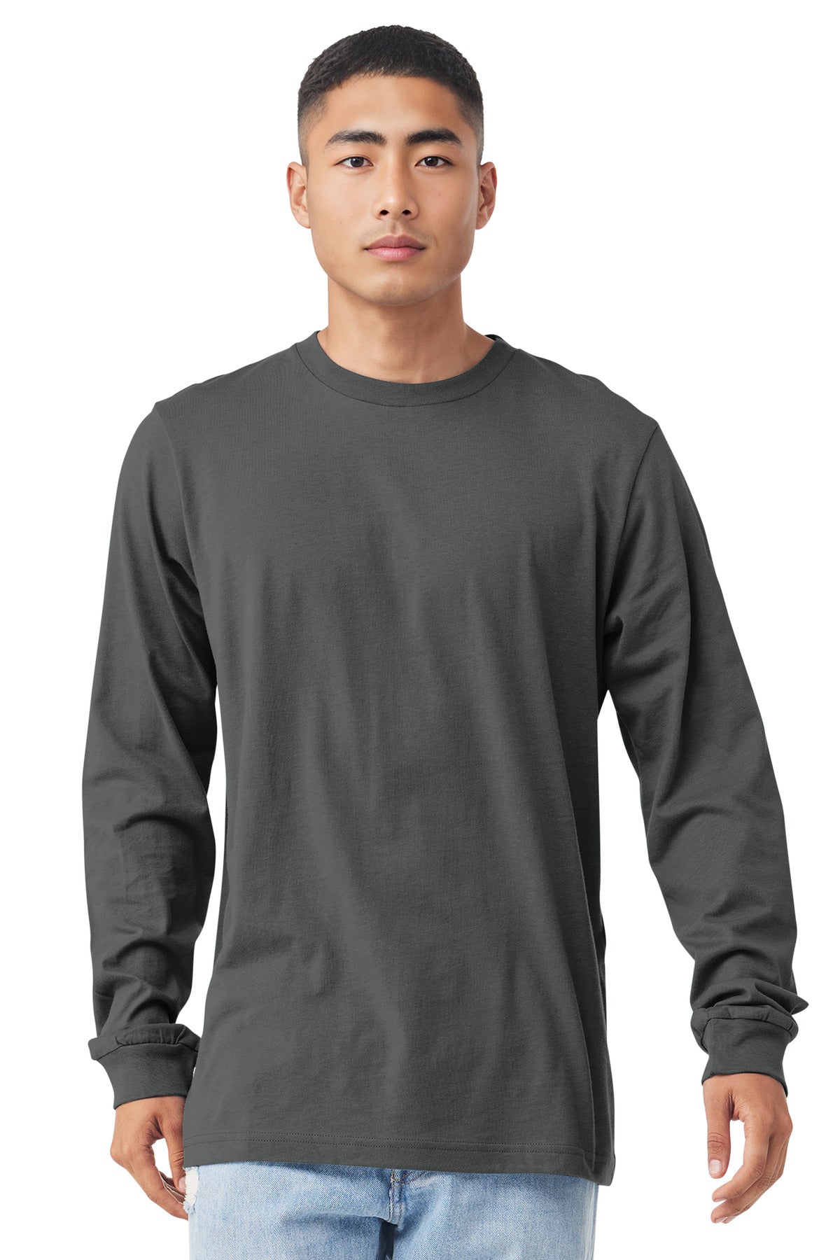 Front View of Asphalt BELLA+CANVAS Unisex Jersey Long Sleeve Tee. BC3501