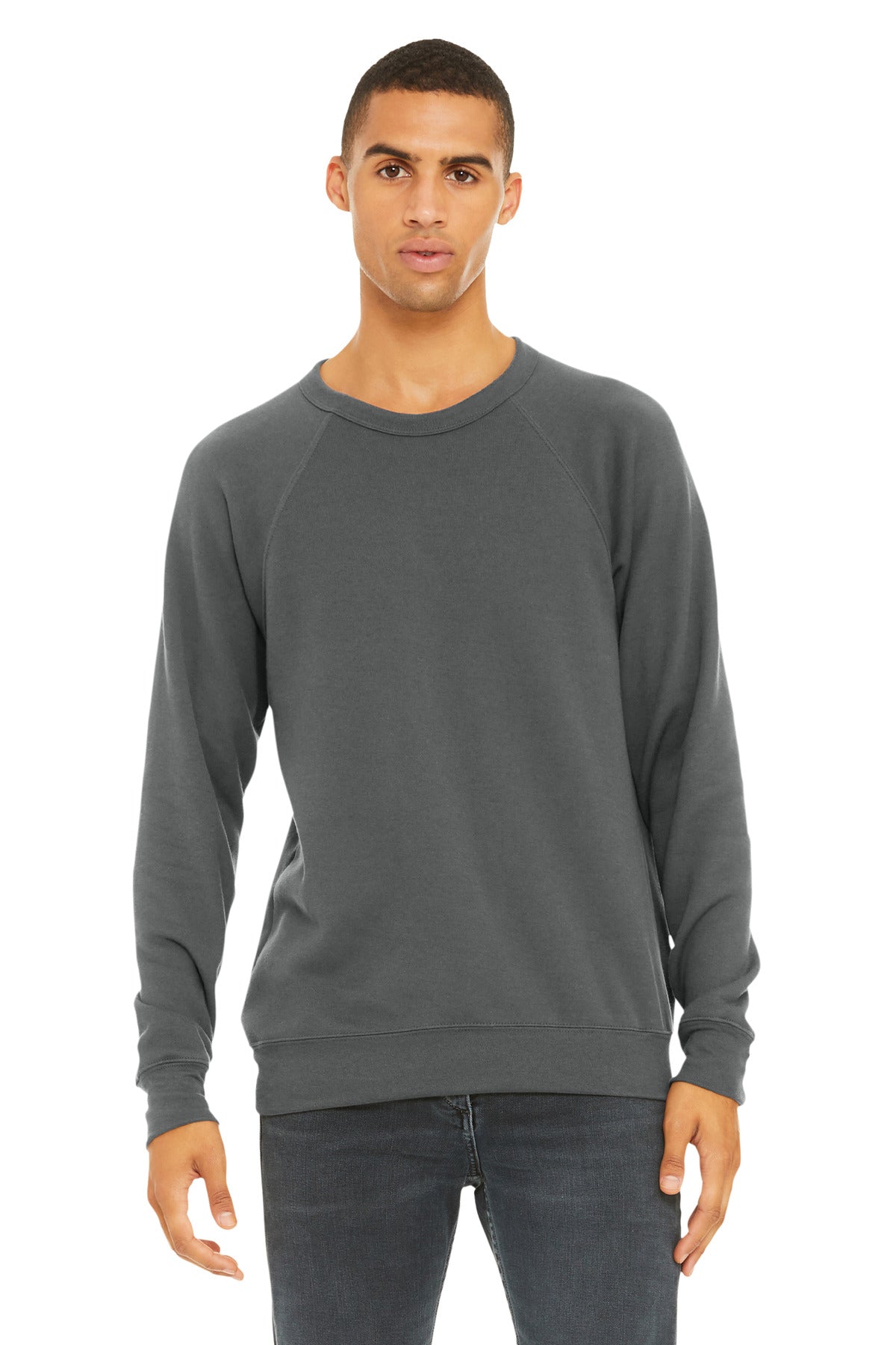 Front View of Asphalt BELLA+CANVAS Unisex Sponge Fleece Raglan Sweatshirt. BC3901
