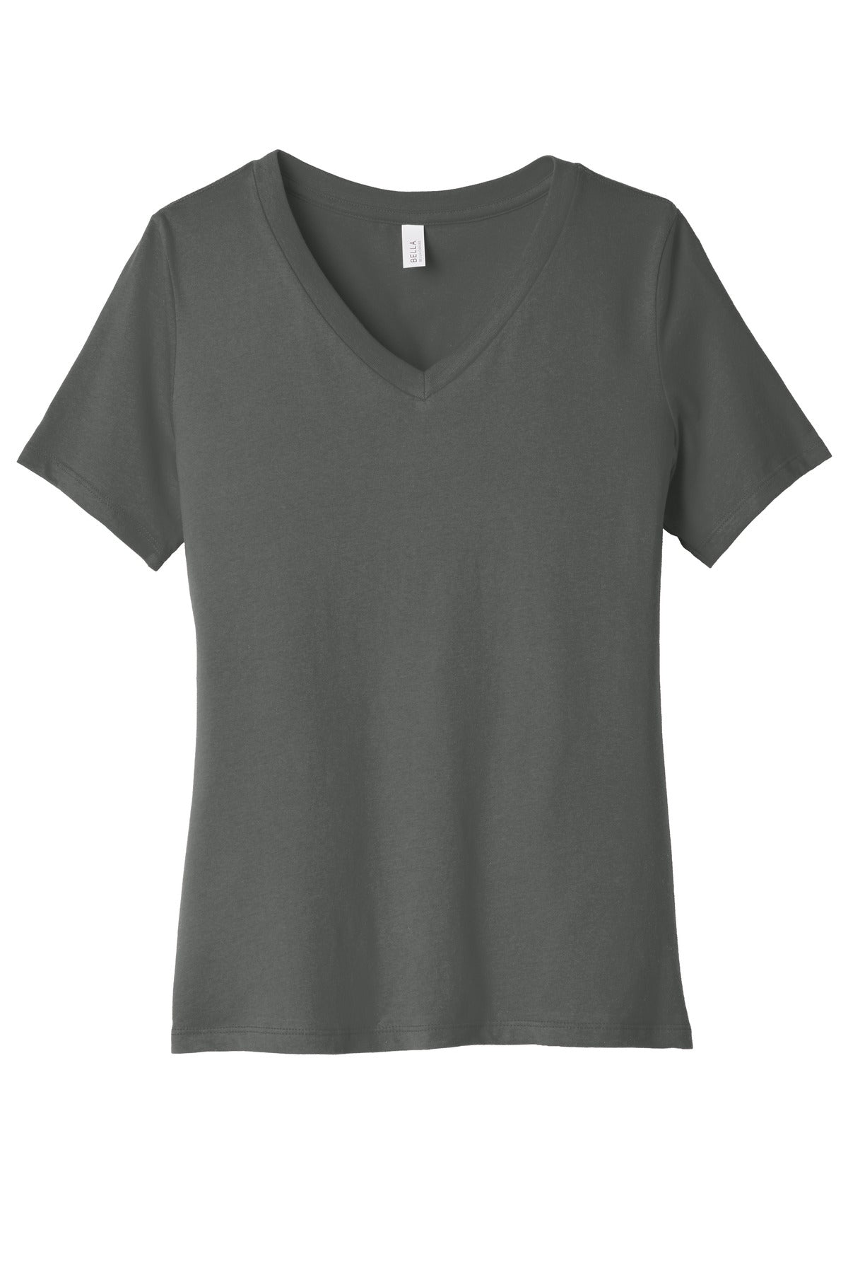 Front View of Asphalt BELLA+CANVAS Women's Relaxed Jersey Short Sleeve V-Neck Tee. BC6405