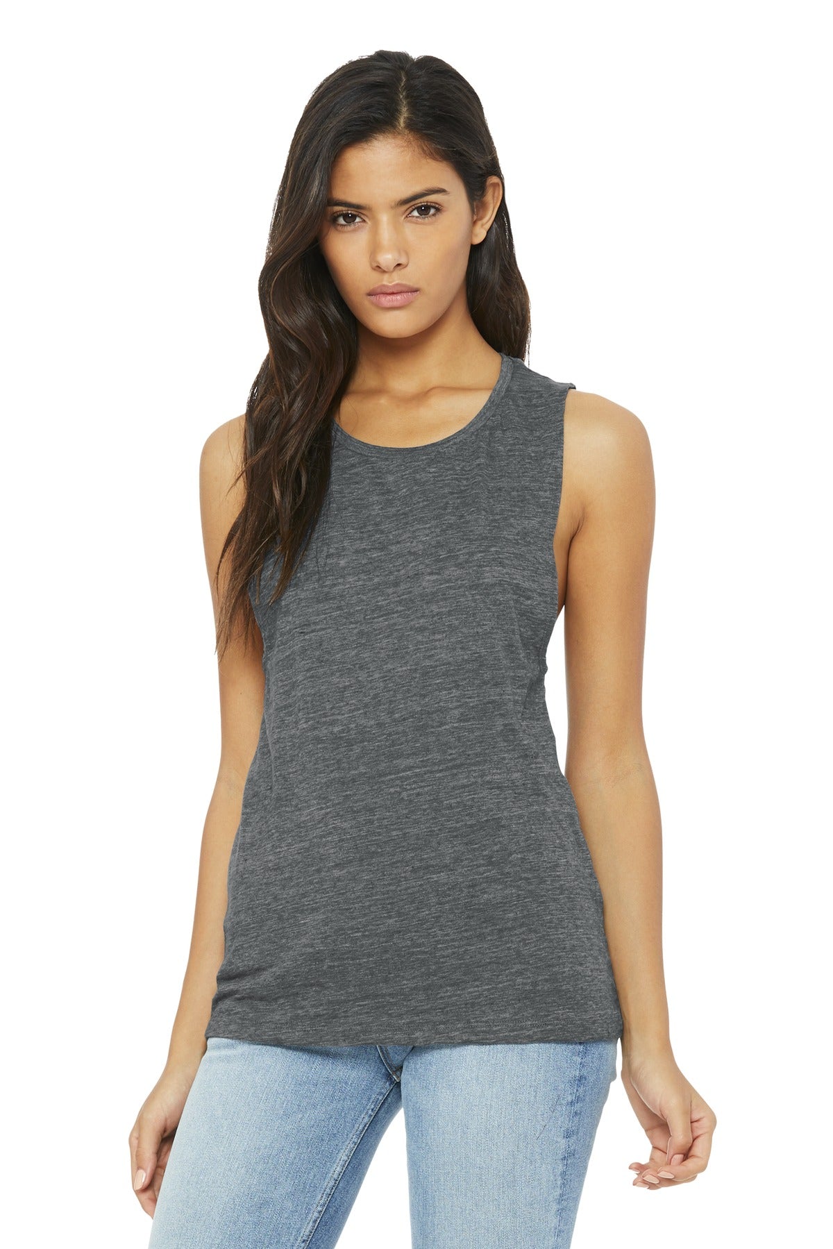 Front View of Asphalt Slub BELLA+CANVAS Women's Flowy Scoop Muscle Tank. BC8803