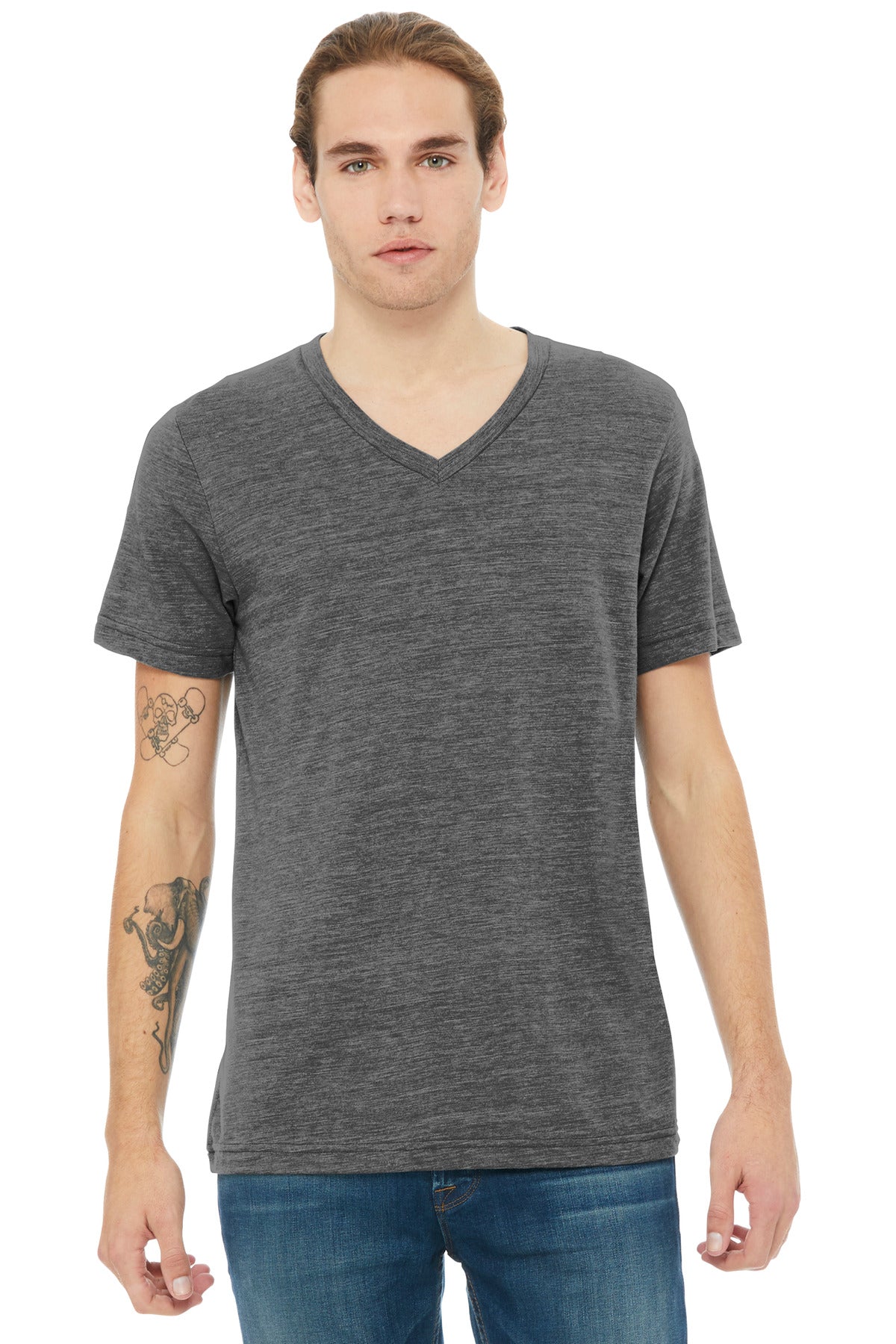 Front View of AsphltSlub BELLA+CANVAS Unisex Textured Jersey V-Neck Tee BC3655