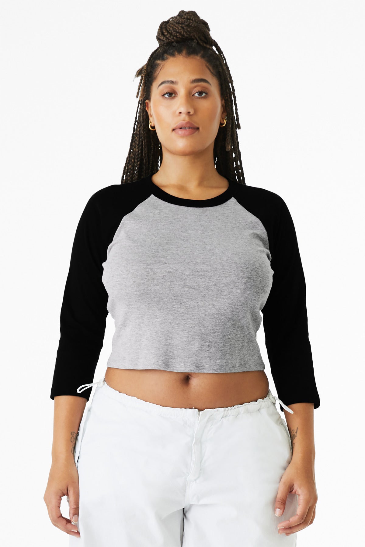 Front View of AthHt/Blk BELLA+CANVAS Women's Micro Rib 3/4 Raglan Baby Tee BC1200