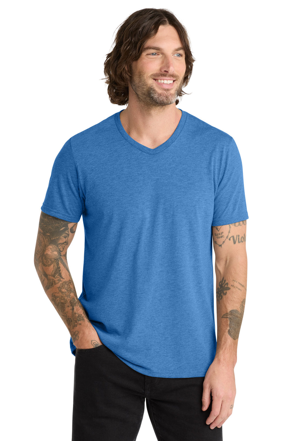Front View of Azure Blue Allmade Unisex Tri-Blend V-Neck Tee AL2014
