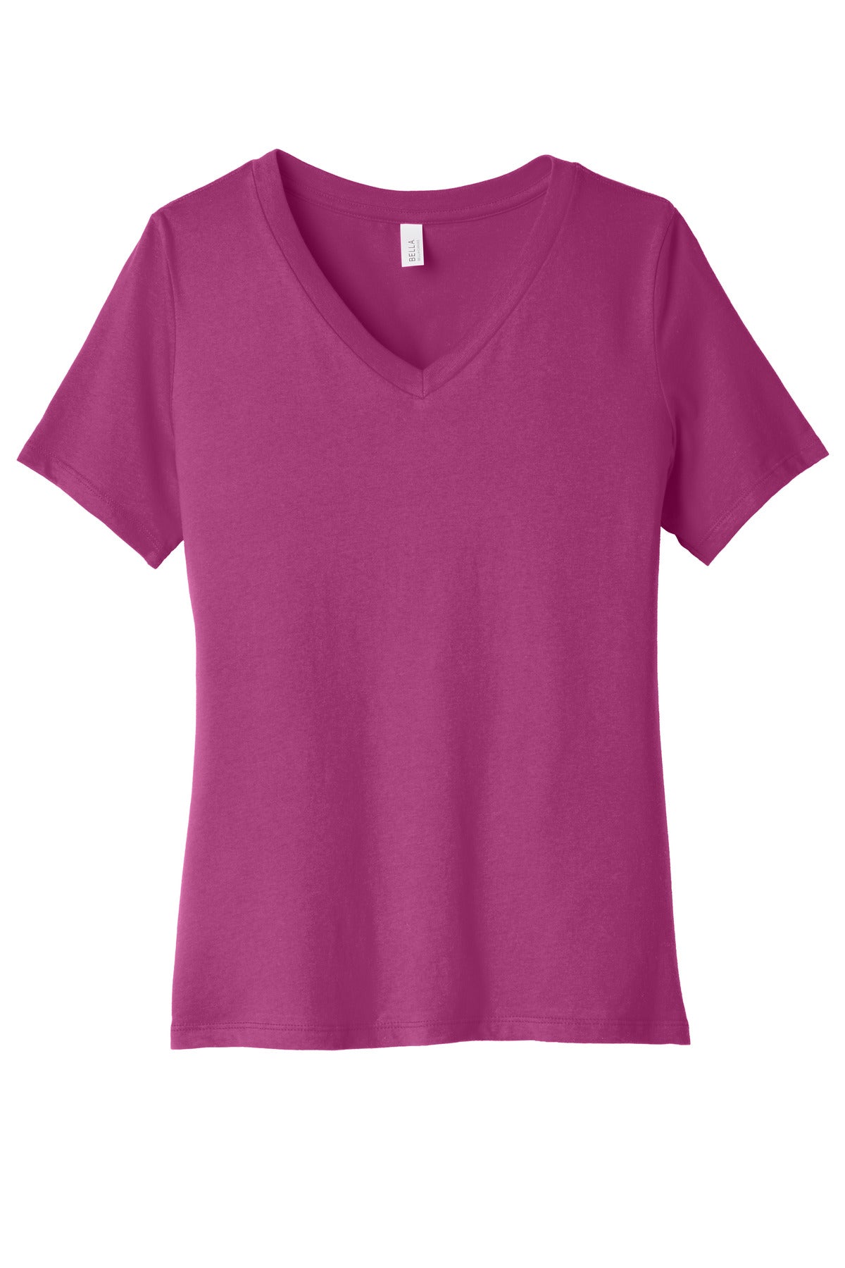 Front View of Berry BELLA+CANVAS Women's Relaxed Jersey Short Sleeve V-Neck Tee. BC6405