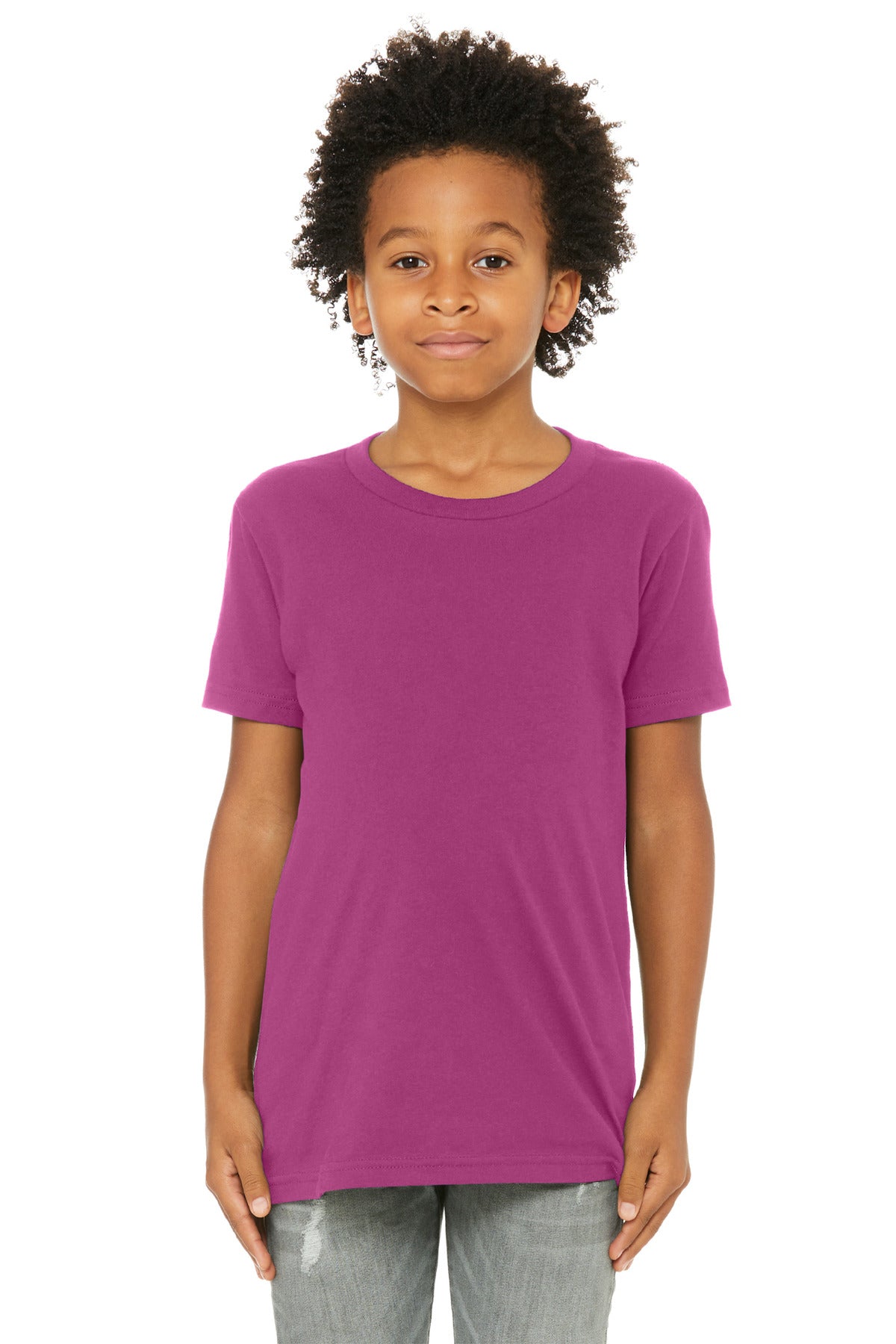 Front View of Berry BELLA+CANVAS Youth Jersey Short Sleeve Tee. BC3001Y