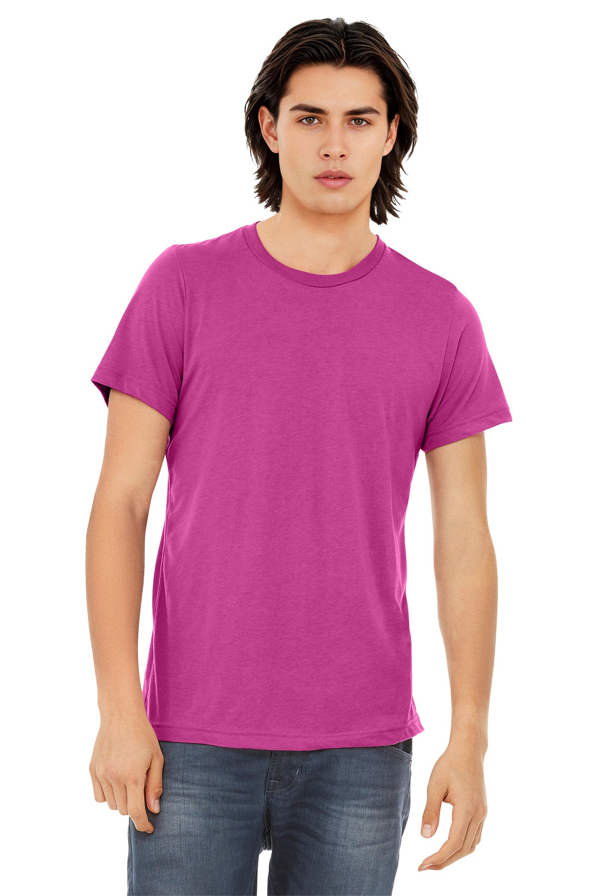 Front View of Berry TB BELLA+CANVAS Unisex Triblend Short Sleeve Tee. BC3413