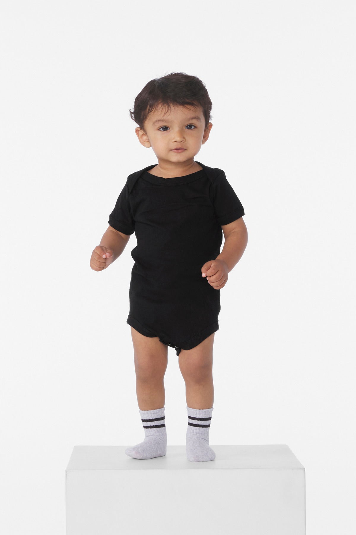 Front View of Black BELLA+CANVAS Infant Jersey Short Sleeve One Piece BC100B