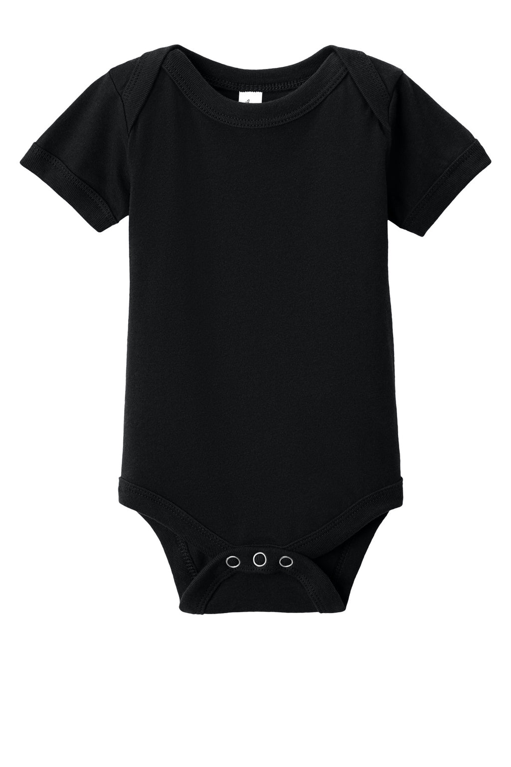 Front View of Black BELLA+CANVAS Infant Jersey Short Sleeve One Piece BC100B