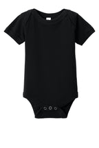 Front View of Black BELLA+CANVAS Infant Jersey Short Sleeve One Piece BC100B