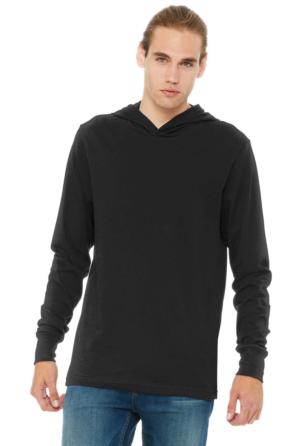 Front View of Black BELLA+CANVAS Unisex Jersey Long Sleeve Hoodie. BC3512