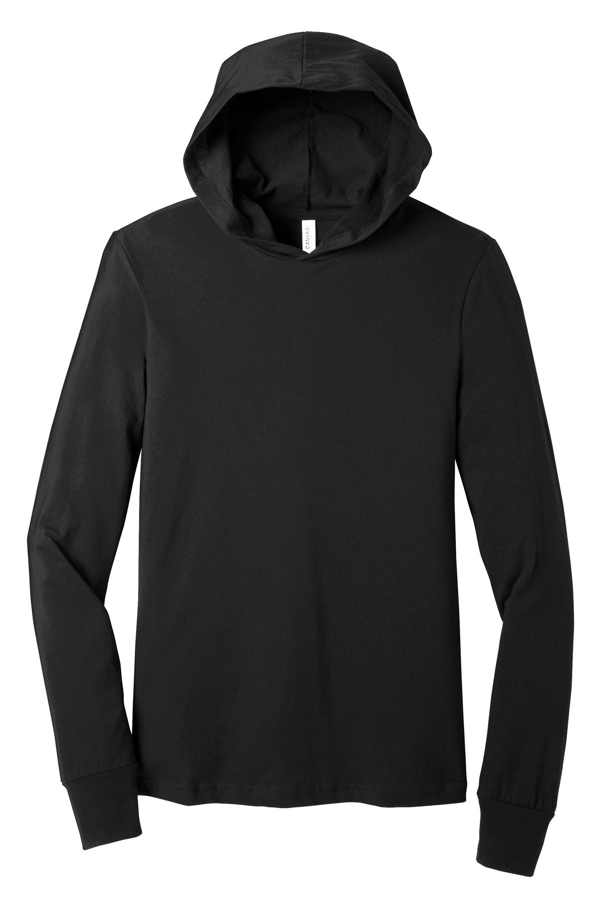 Front View of Black BELLA+CANVAS Unisex Jersey Long Sleeve Hoodie. BC3512