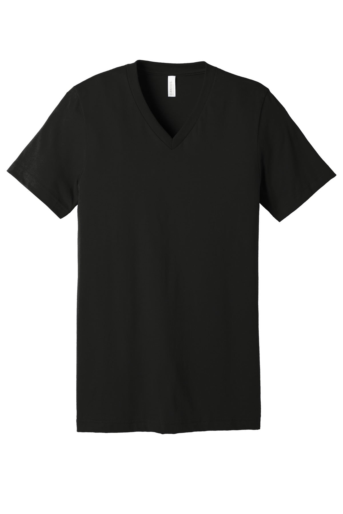 Front View of Black BELLA+CANVAS Unisex Jersey Short Sleeve V-Neck Tee. BC3005