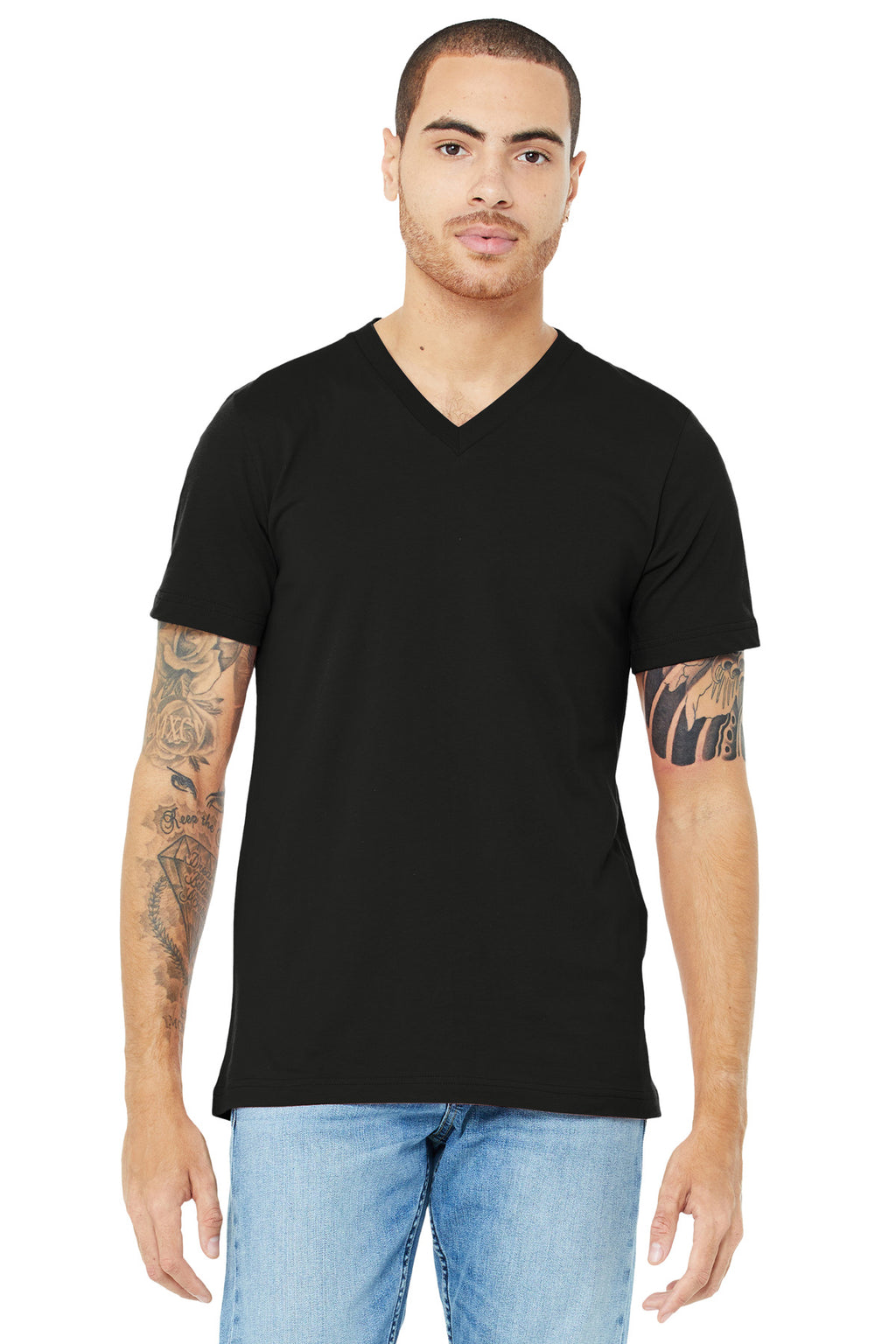 Front View of Black BELLA+CANVAS Unisex Jersey Short Sleeve V-Neck Tee. BC3005