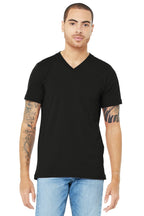 Front View of Black BELLA+CANVAS Unisex Jersey Short Sleeve V-Neck Tee. BC3005