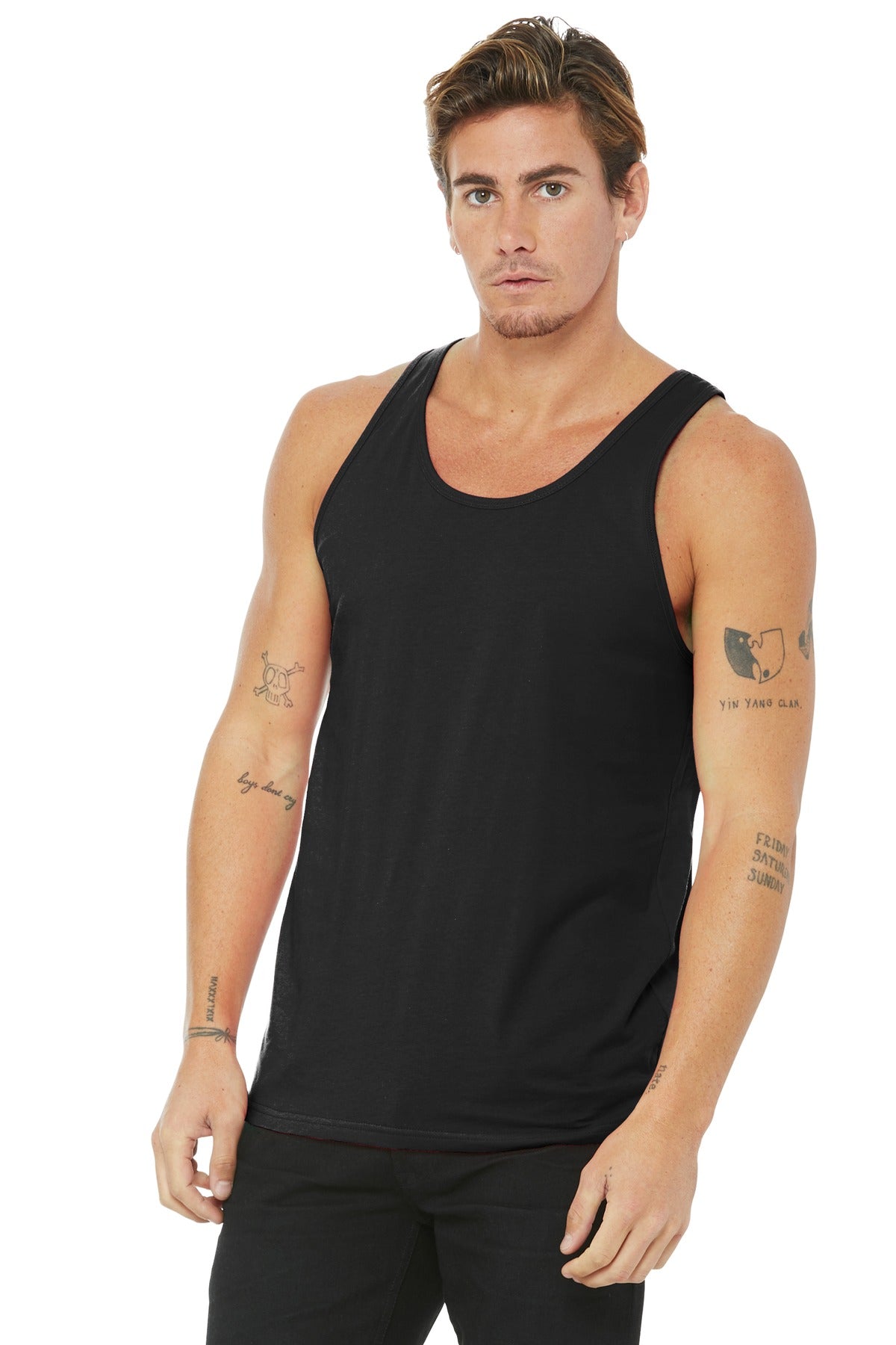Front View of Black BELLA+CANVAS Unisex Jersey Tank. BC3480