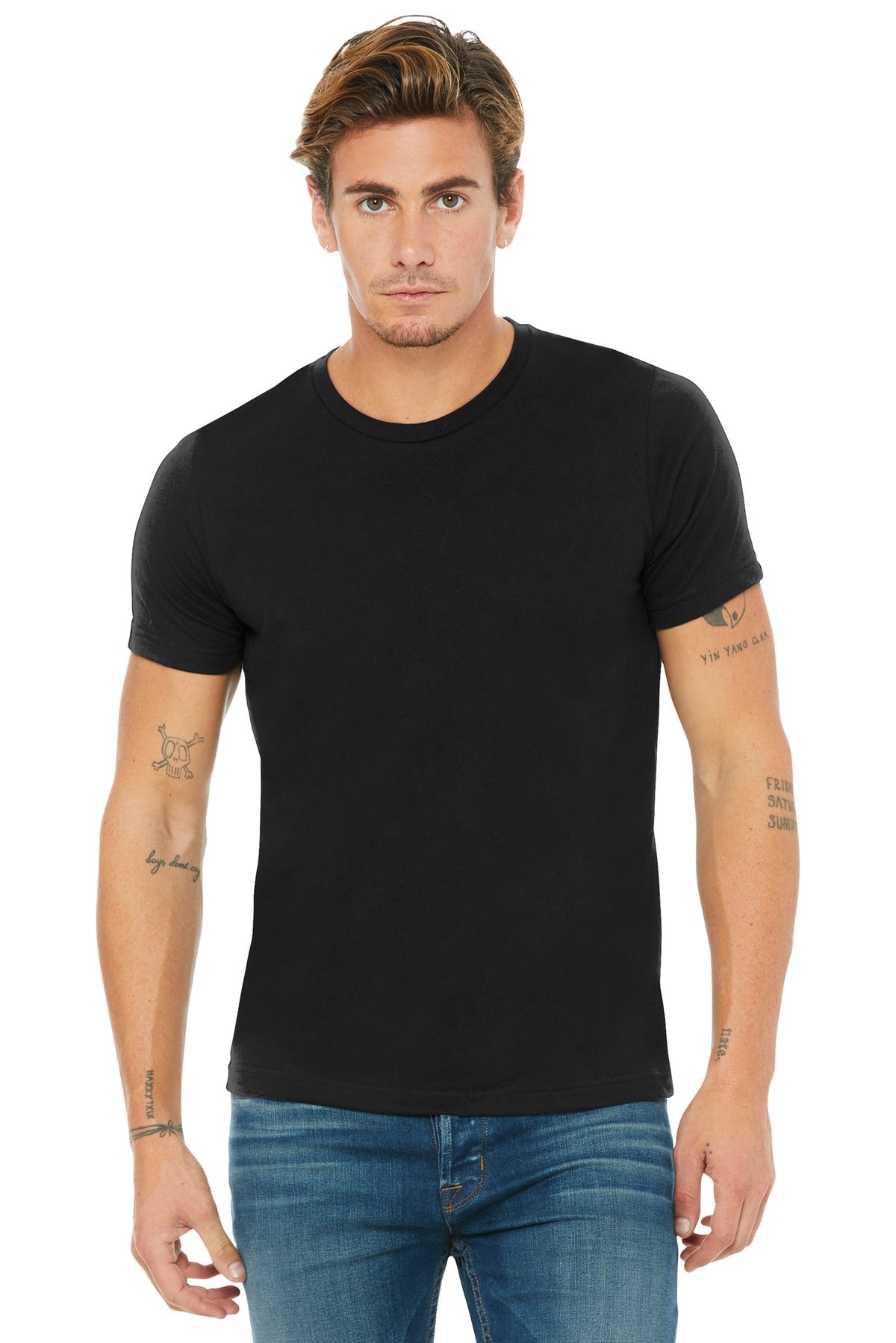 Front View of Black BELLA+CANVAS Unisex Poly-Cotton Short Sleeve Tee. BC3650