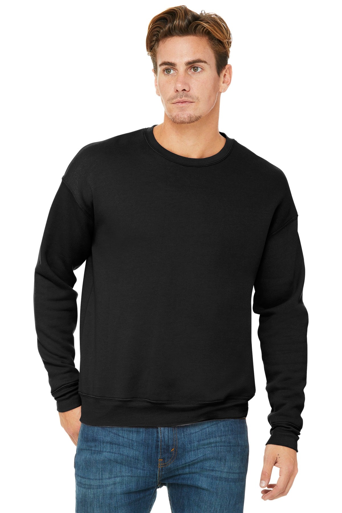 Front View of Black BELLA+CANVAS Unisex Sponge Fleece Drop Shoulder Sweatshirt. BC3945