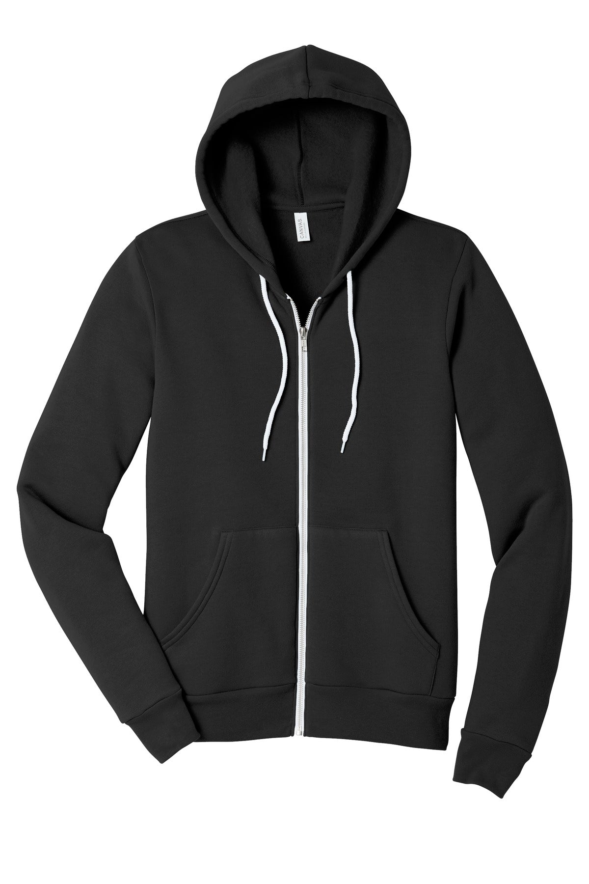 Front View of Black BELLA+CANVAS Unisex Sponge Fleece Full-Zip Hoodie. BC3739