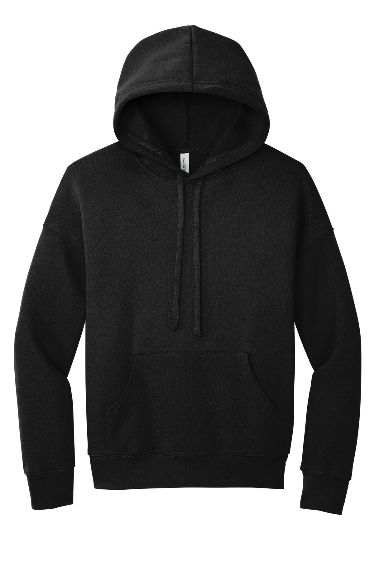 Front View of Black BELLA+CANVAS Unisex Sponge Fleece Pullover DTM Hoodie. BC3729