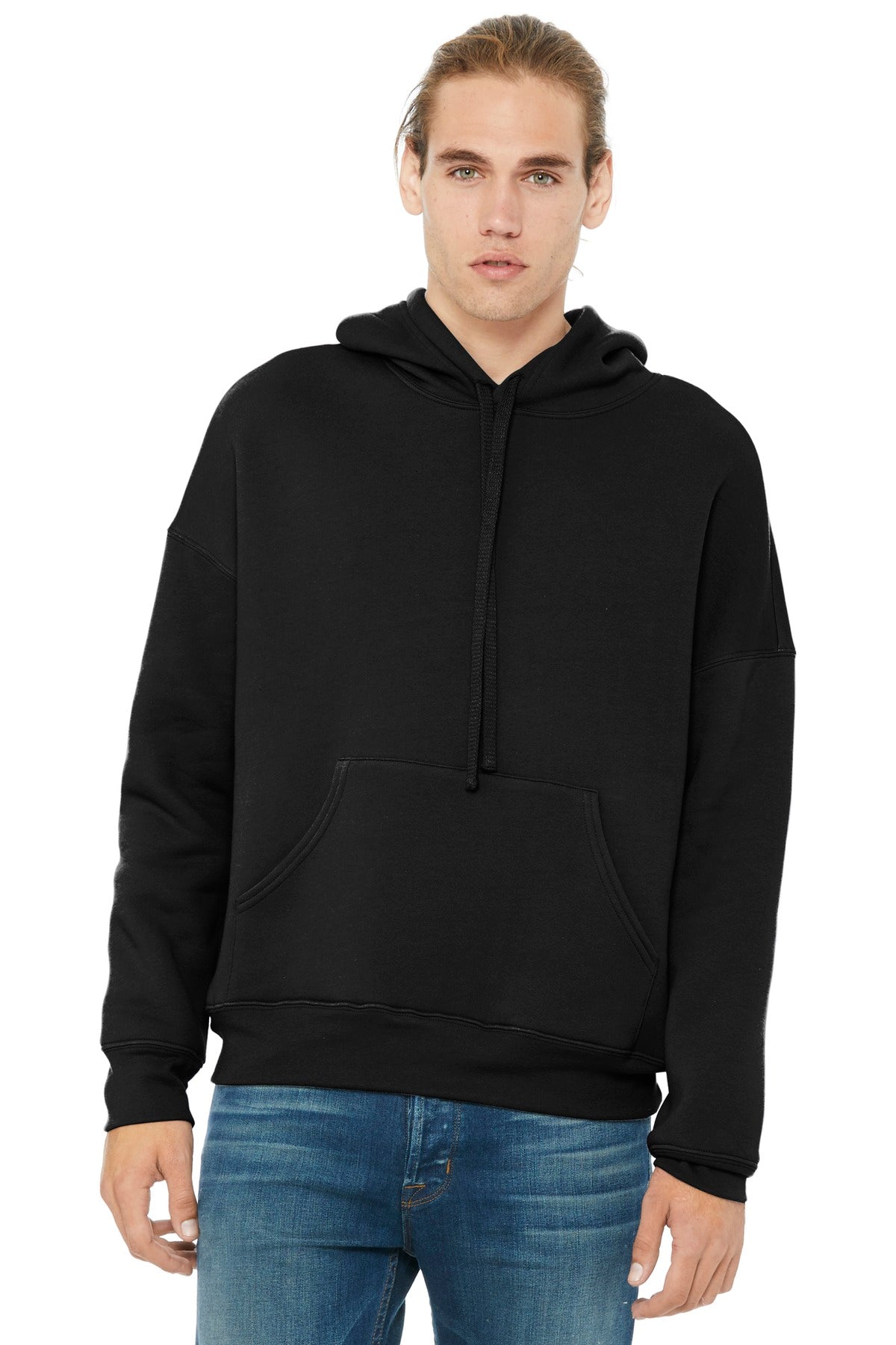 Front View of Black BELLA+CANVAS Unisex Sponge Fleece Pullover DTM Hoodie. BC3729