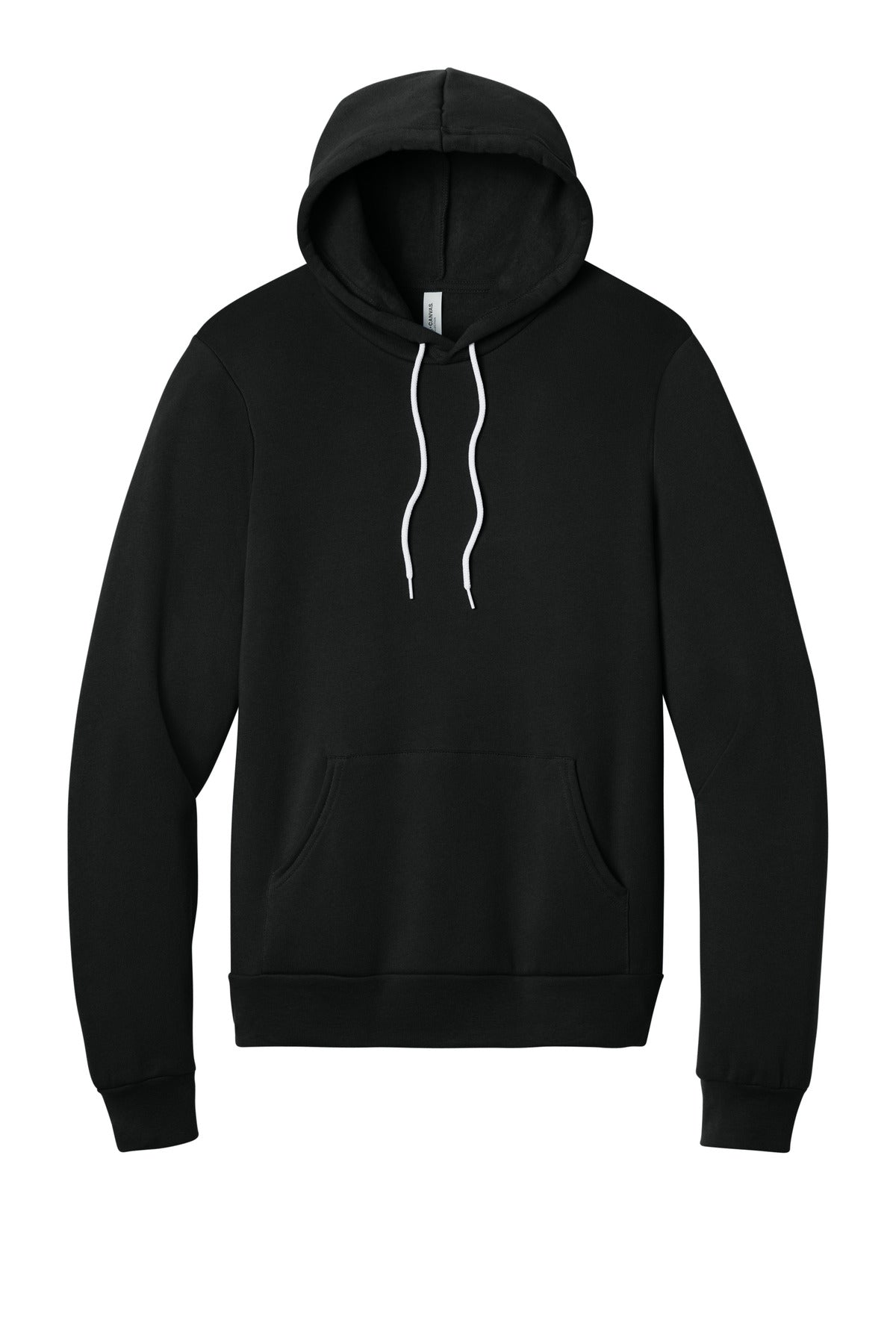 Front View of Black BELLA+CANVAS Unisex Sponge Fleece Pullover Hoodie. BC3719