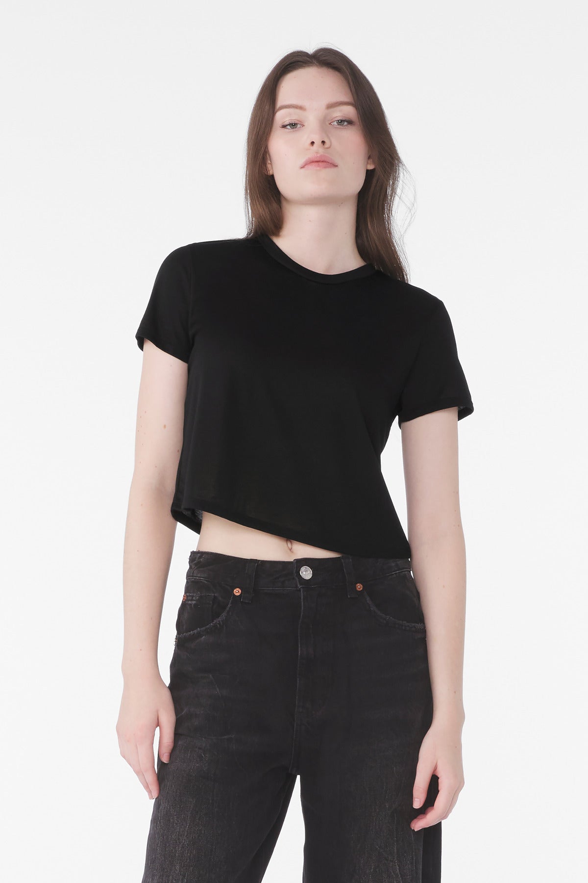 Front View of Black BELLA+CANVAS Women's Flowy Cropped Tee BC8882