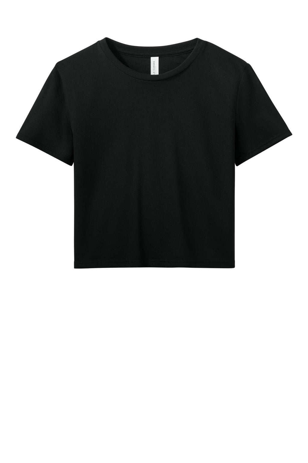 Front View of Black BELLA+CANVAS Women's Flowy Cropped Tee BC8882