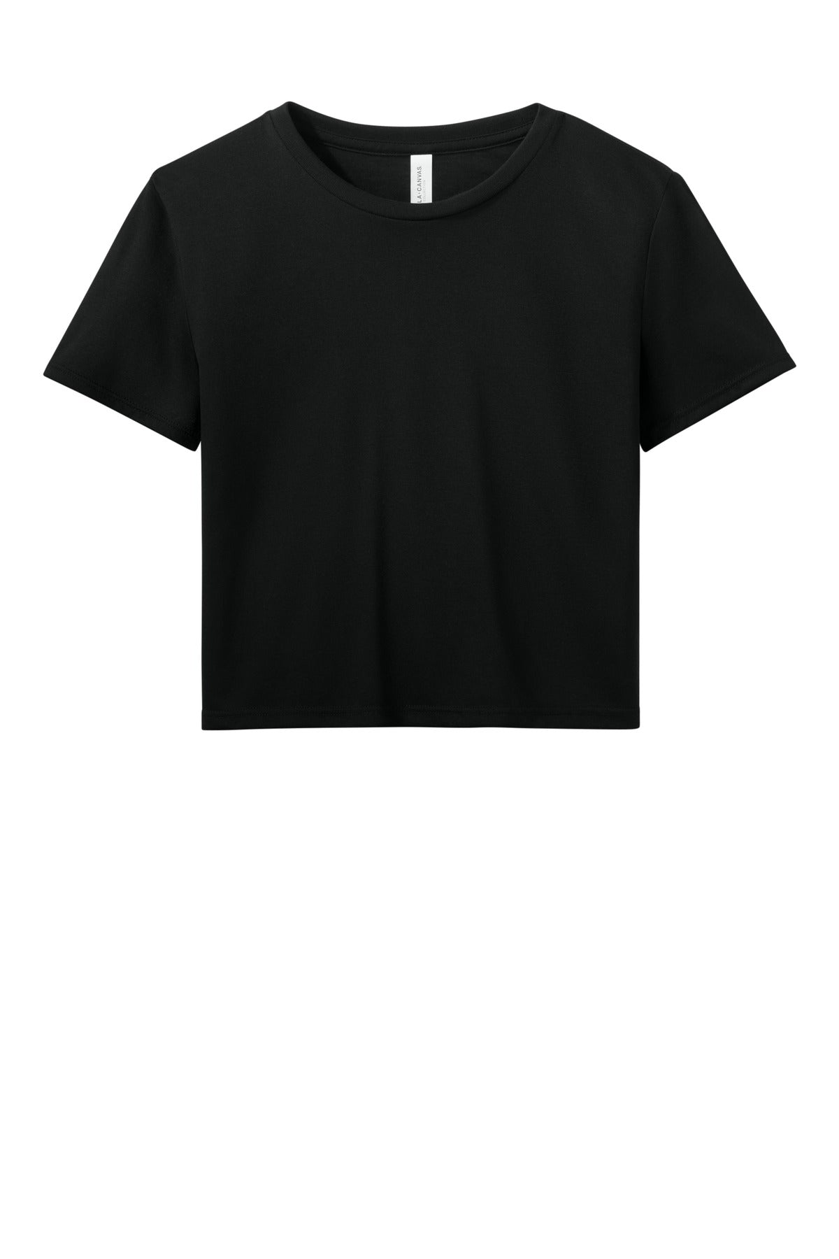 Front View of Black BELLA+CANVAS Women's Flowy Cropped Tee BC8882