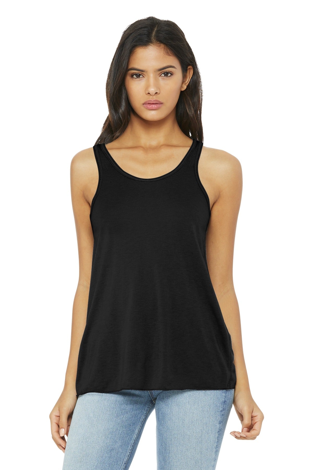 Front View of Black BELLA+CANVAS Women's Flowy Racerback Tank. BC8800