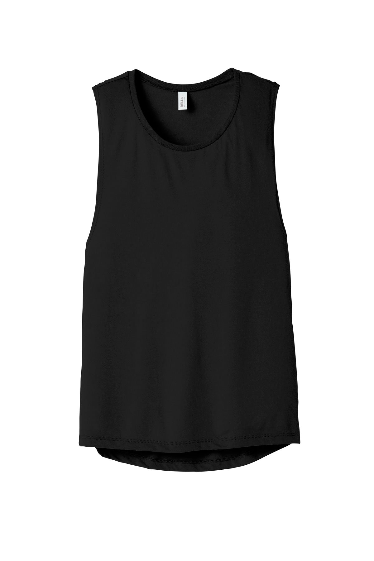 Front View of Black BELLA+CANVAS Women's Flowy Scoop Muscle Tank. BC8803
