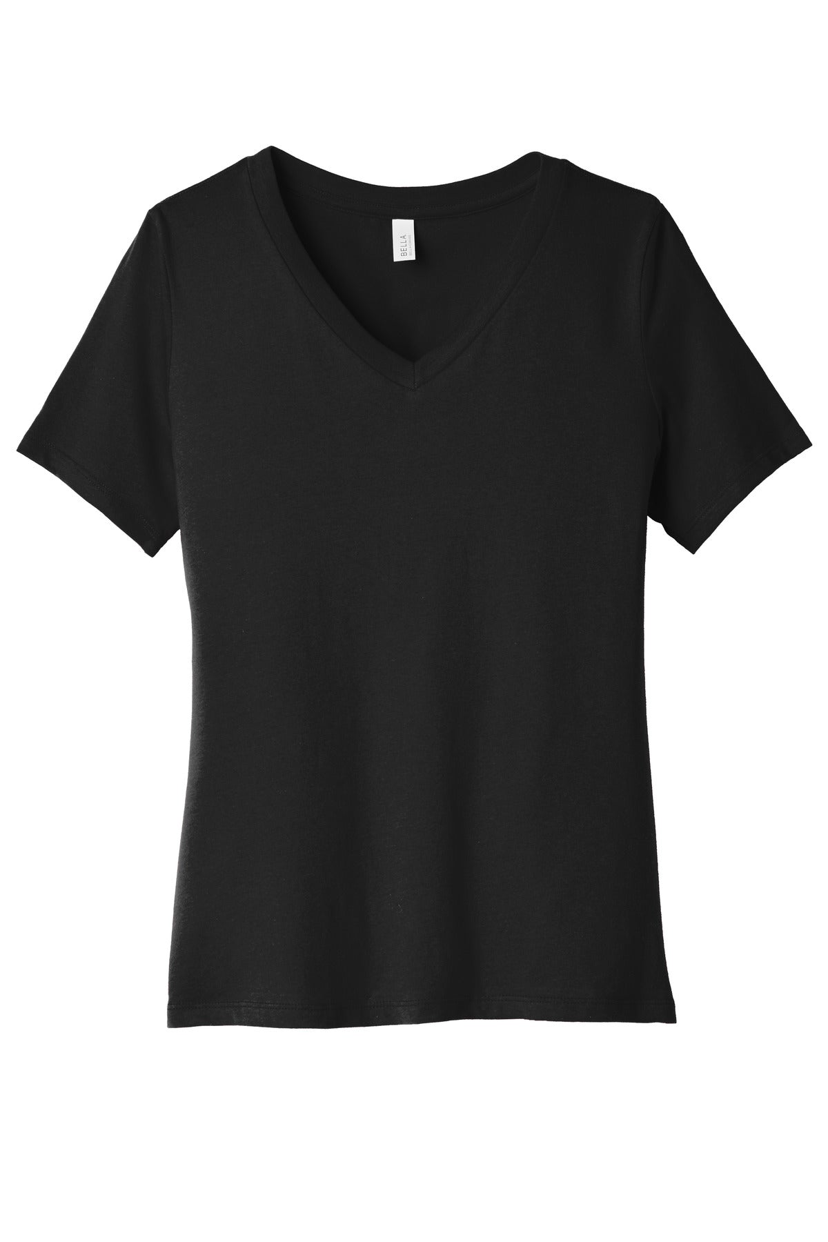 Front View of Black BELLA+CANVAS Women's Relaxed Jersey Short Sleeve V-Neck Tee. BC6405