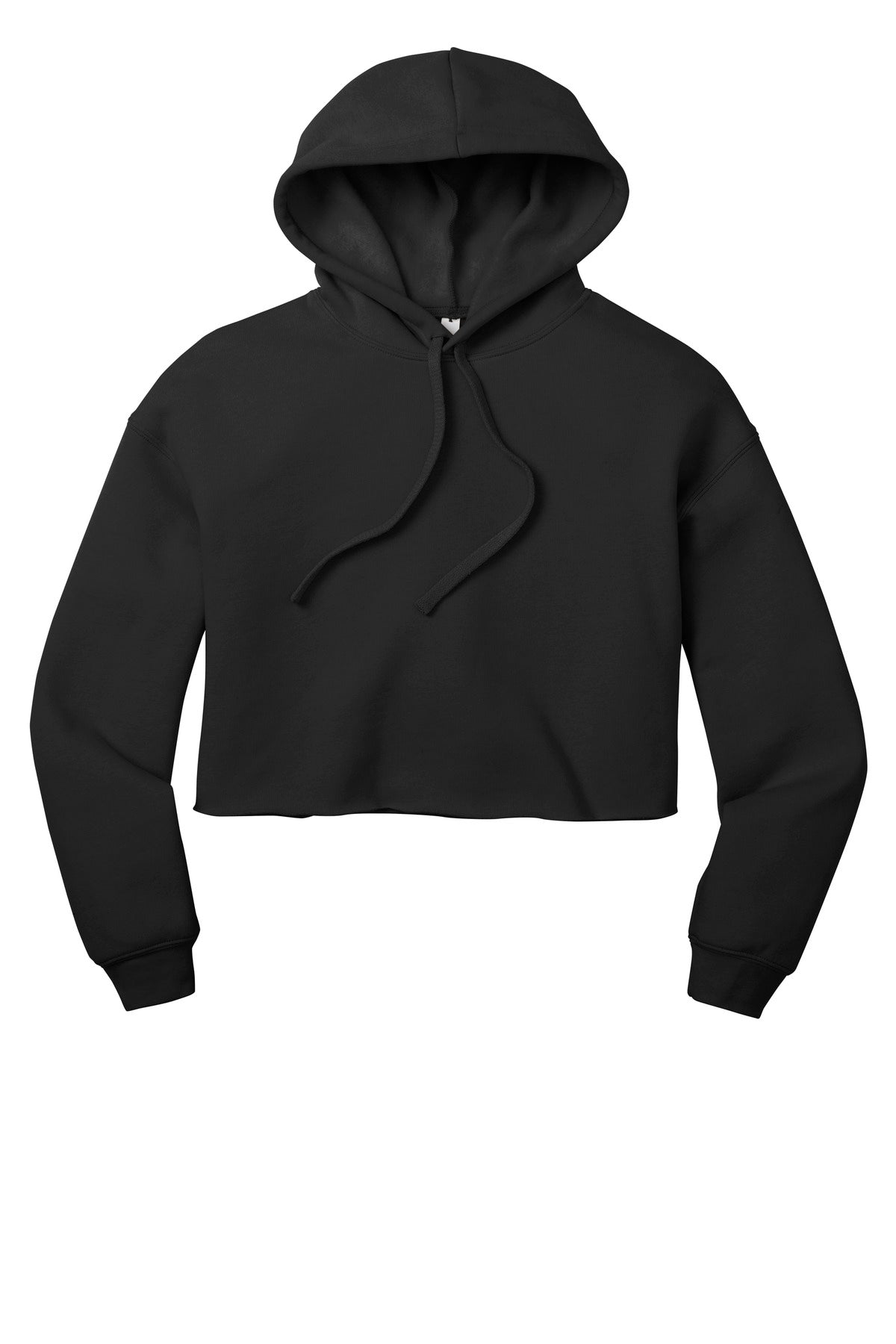 Front View of Black BELLA+CANVAS Women's Sponge Fleece Cropped Fleece Hoodie. BC7502