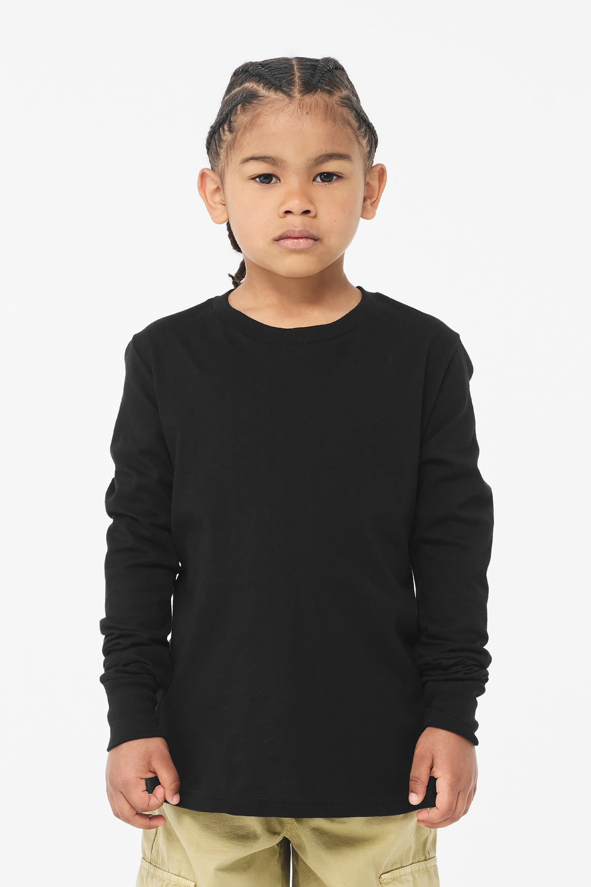Front View of Black BELLA+CANVAS Youth Jersey Long Sleeve Tee BC3501Y