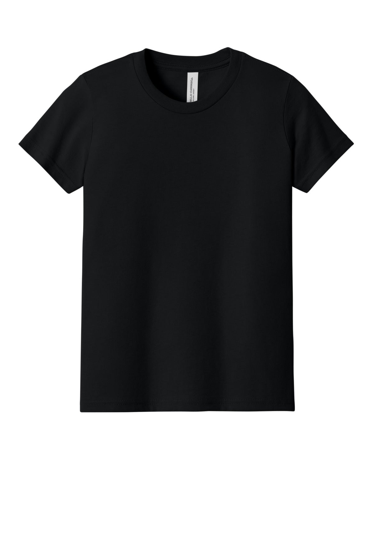 Front View of Black BELLA+CANVAS Youth Jersey Short Sleeve Tee. BC3001Y