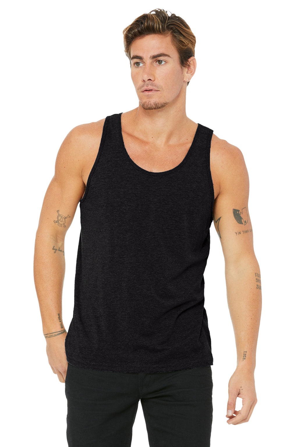 Front View of Black Ht BELLA+CANVAS Unisex Jersey Tank. BC3480