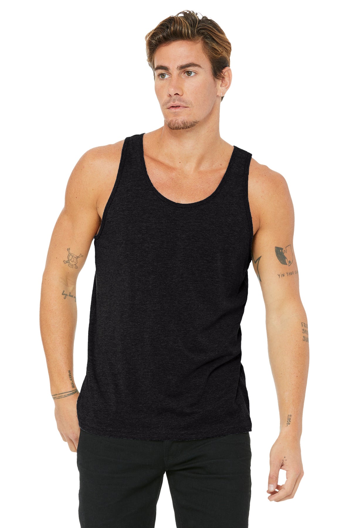Front View of Black Ht BELLA+CANVAS Unisex Jersey Tank. BC3480