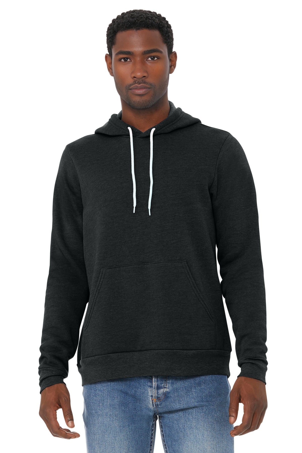 Front View of Black Ht BELLA+CANVAS Unisex Sponge Fleece Pullover Hoodie. BC3719