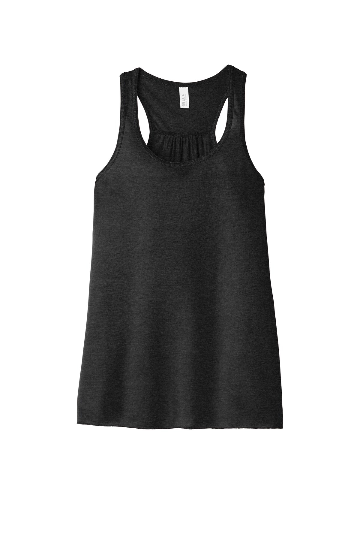 Front View of Black Ht BELLA+CANVAS Women's Flowy Racerback Tank. BC8800