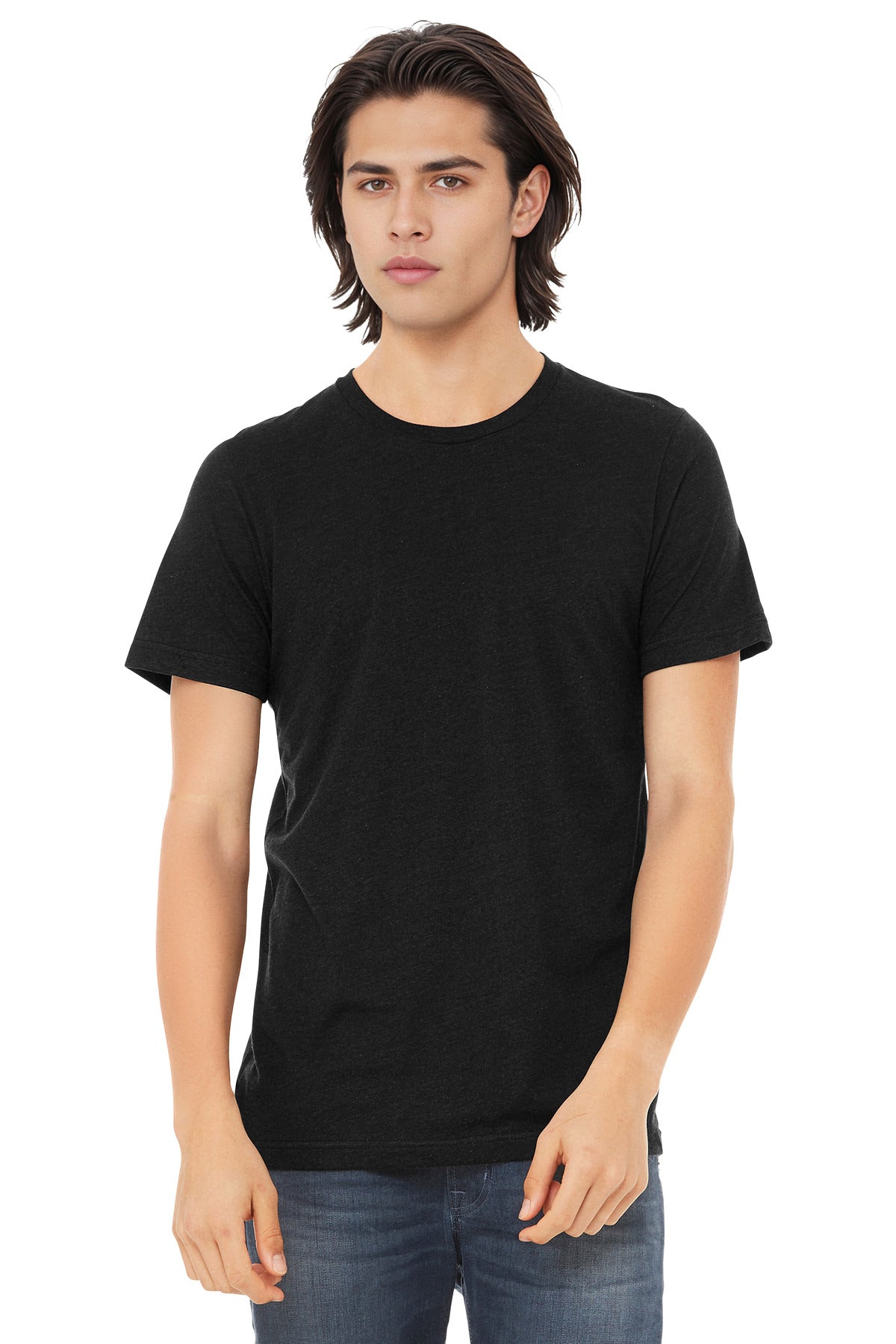 Front View of Black Ht TB BELLA+CANVAS Unisex Triblend Short Sleeve Tee. BC3413