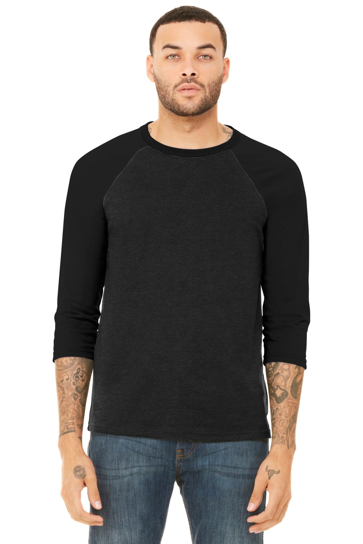 Front View of Black Ht/Black BELLA+CANVAS Unisex 3/4-Sleeve Baseball Tee. BC3200