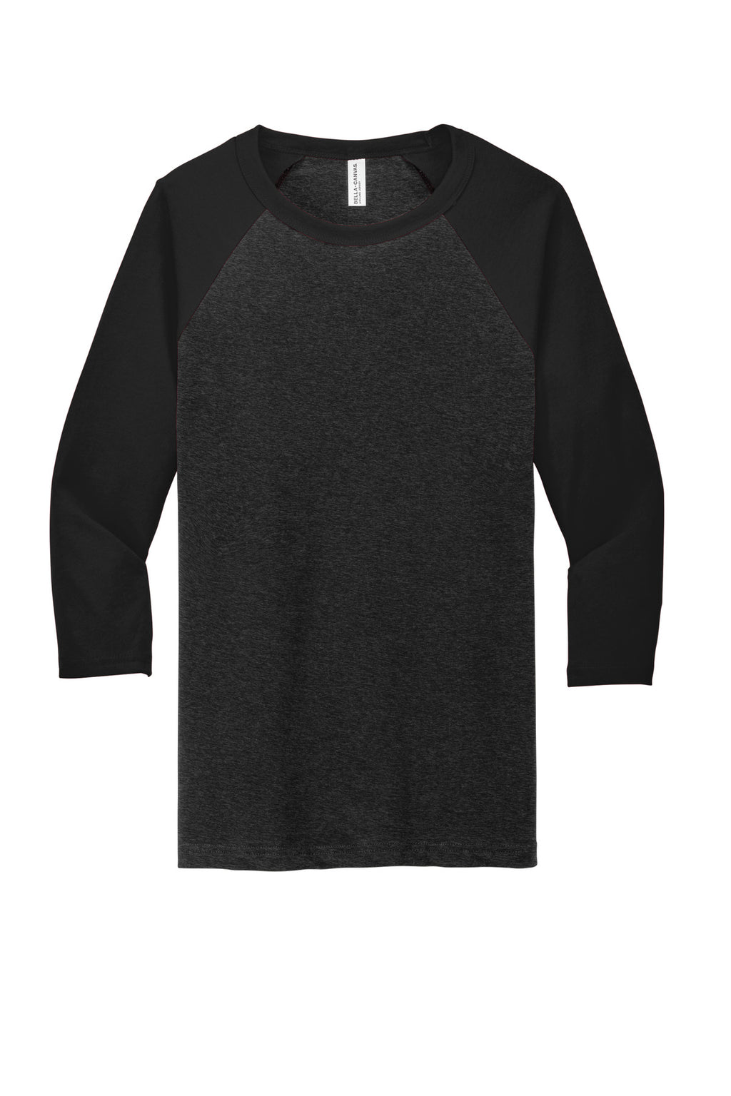 Front View of Black Ht/Black BELLA+CANVAS Unisex 3/4-Sleeve Baseball Tee. BC3200